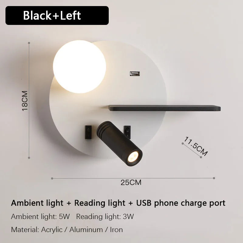 applique murale led avec chargement usb pour téléphone portable
