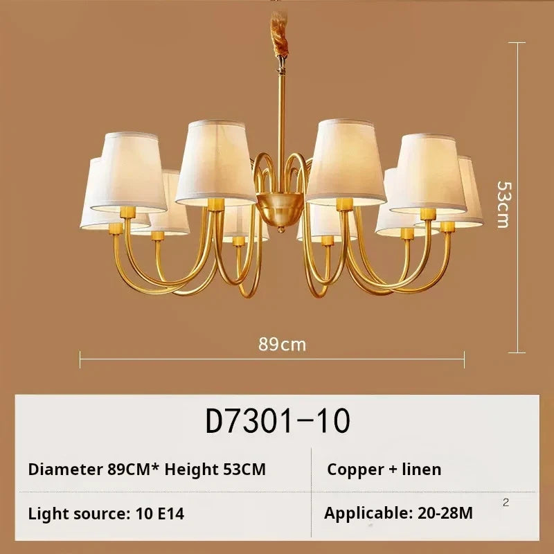 lustre américain rétro en cuivre avec led et tissu suspendu