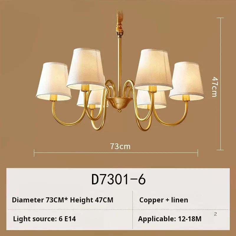 lustre américain rétro en cuivre avec led et tissu suspendu