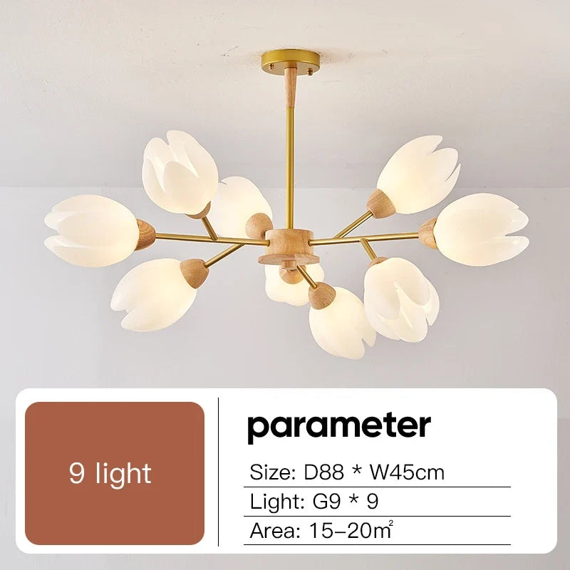 lustre nordique en bois avec lumière en forme de fleur