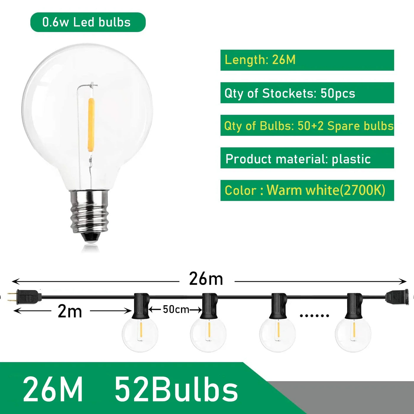 Festoon LED Globe guirlande lumineuse fée LED G40 extérieur pour fête de noël jardin guirlande décorative lampe rue Patio arrière-cour