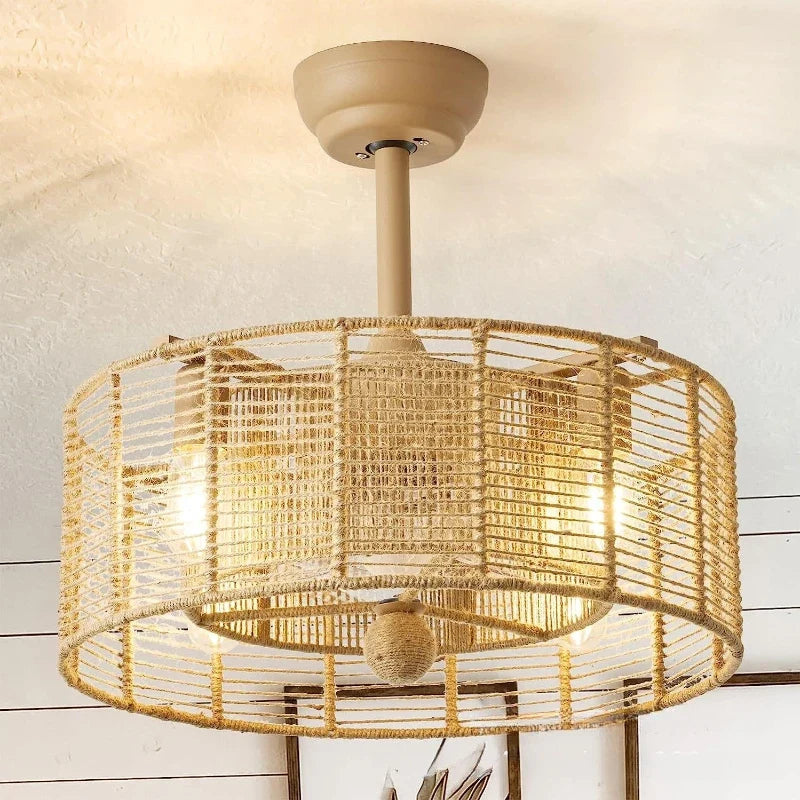 plafonnier décoratif en corde tressée avec ventilateur et intensité variable