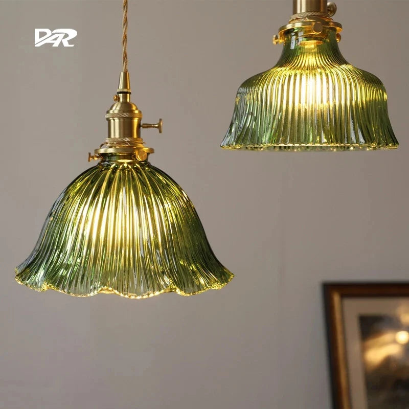 Suspension en verre vert foncé salle à manger chambre chevet Bar café suspension Luminaire rétro lampes suspendues en laiton pour plafond
