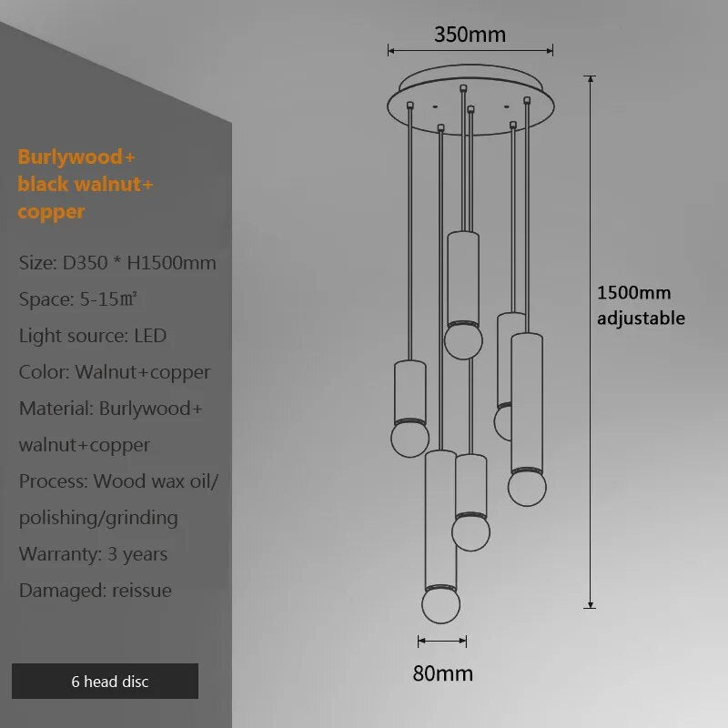 suspension noyer lustre chinois barre tête lampes