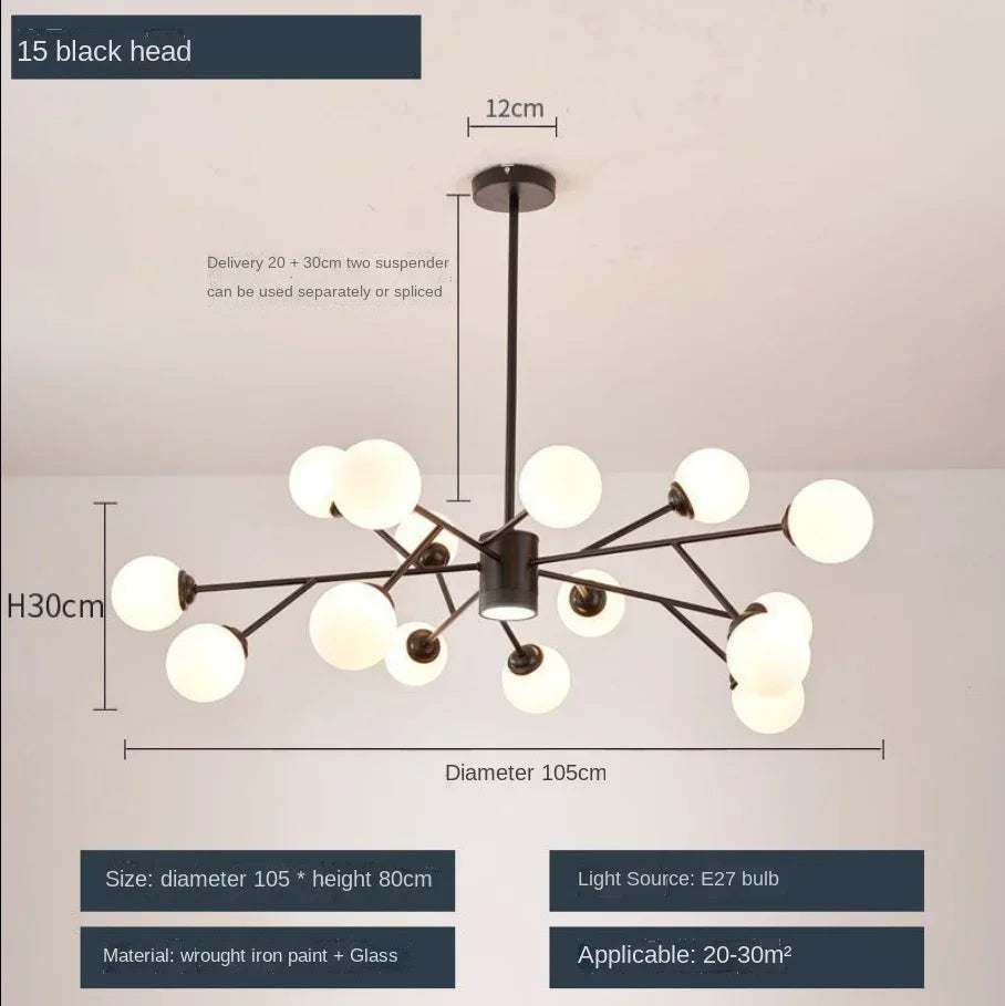 lustre nordique à led avec boule de verre pour luminaires suspendus