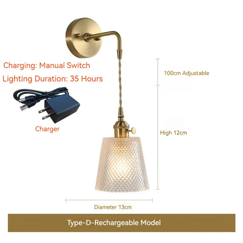 applique murale led scandinave en verre et laiton avec interrupteur à batterie