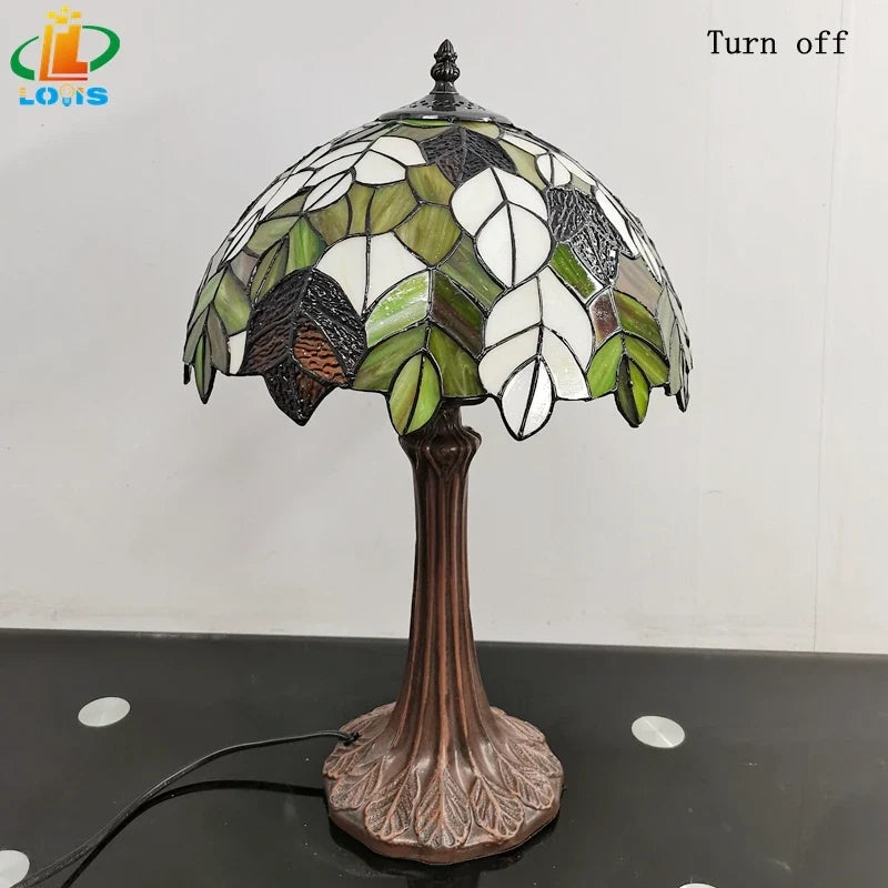 lampe à poser en verre style tiffany avec feuilles décoratives antique