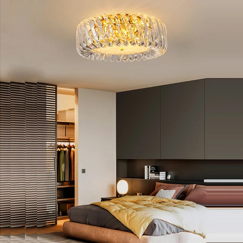 plafonnier moderne rond en cristal doré à led dimmable