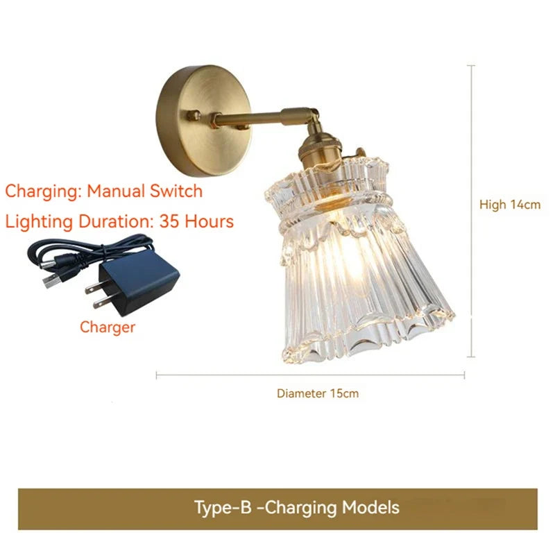 applique murale led scandinave en verre et laiton avec interrupteur à batterie