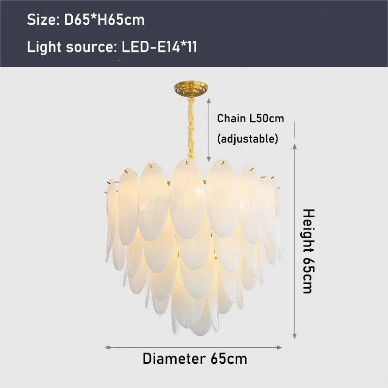 lustre moderne en verre avec plumes et éclairage led