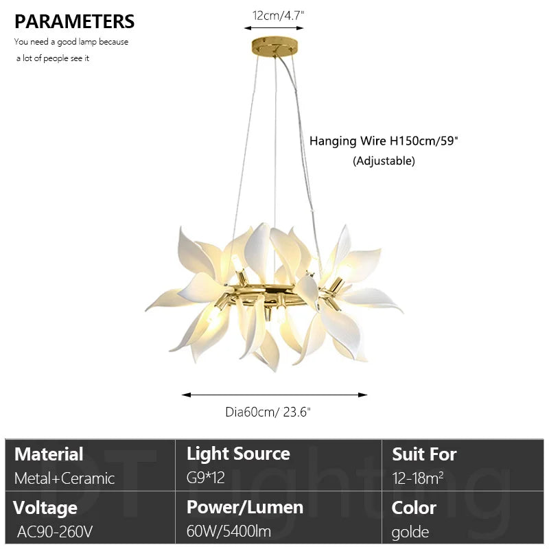lustre carré en céramique avec pétales de fleurs suspendu