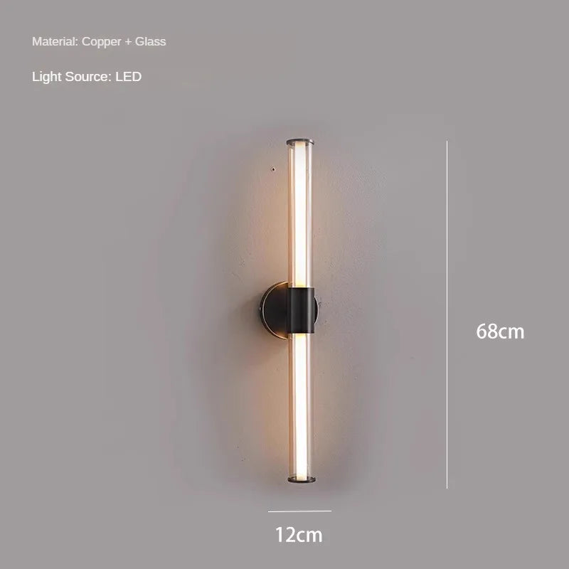 Simple All Copper Straight Glass Wall Lamp, Bathroom Mirror in Front of Light Luxury Living Room Balcony Bedroom LED Lighting