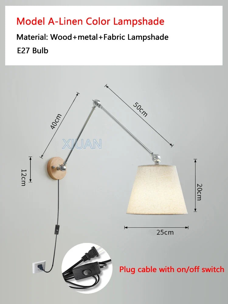 Nordic Shiftable Rocker Arm Wall Lamps Fabric Lampshade Dining Table Wall Light for Bedside Study Reading Lighting ON/OFF Switch