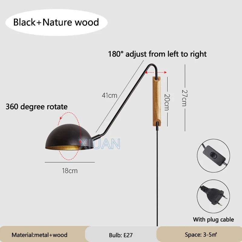 Nordic Bedroom Bedside Wall Lamps Plug In Wall Sconce Black White Iron Lampshade Swing Long Arms Wall Mounted Light E27