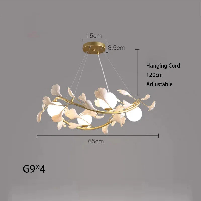 lustre suspendu à led en verre de ginkgo créatif moderne