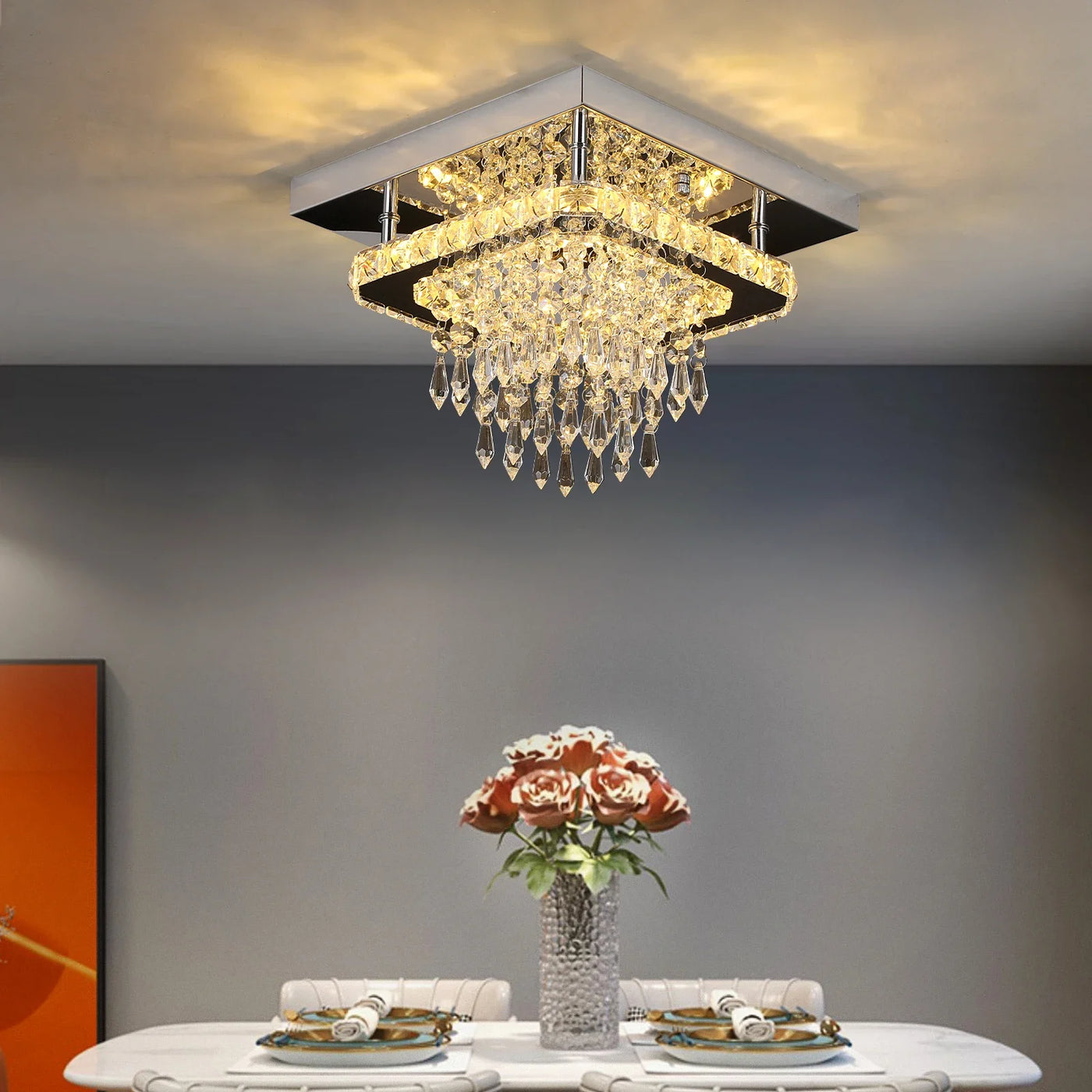 Plafonnier LED en cristal et acier inoxydable