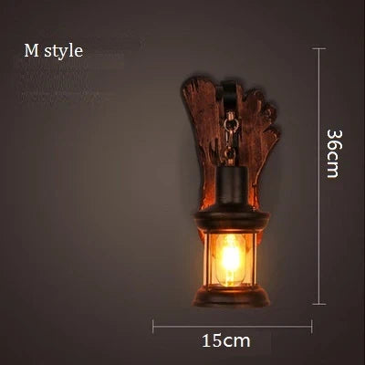 applique murale industrielle vintage en bois avec abat-jour en métal et verre
