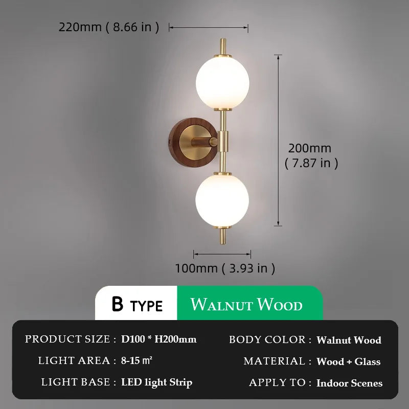Walnut Wood Glass Sphere Brass, Wabi-sabi Simple Modern Vintage style, Wall Sconce lighting for Bedroom, Bedside, Dining Room