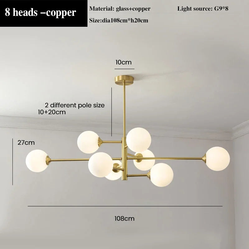 lustre led moderne en cuivre avec boule de verre mat