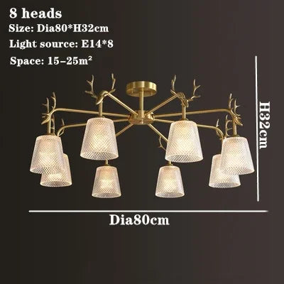 lustre en verre rétro à têtes multiples en cuivre design élégant