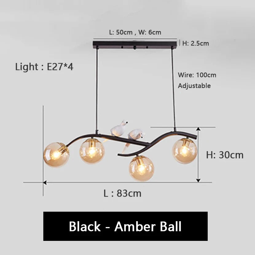 lustre en fer avec oiseau et boule de verre suspendue