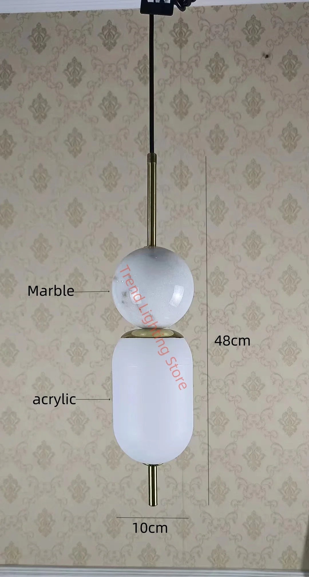 lustre led en boule de marbre naturel en acrylique avec fil réglable