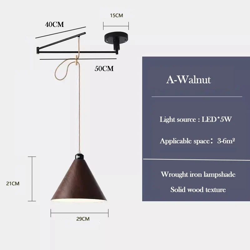 lustre en bois de noyer rétractable à bras pivotant moderne