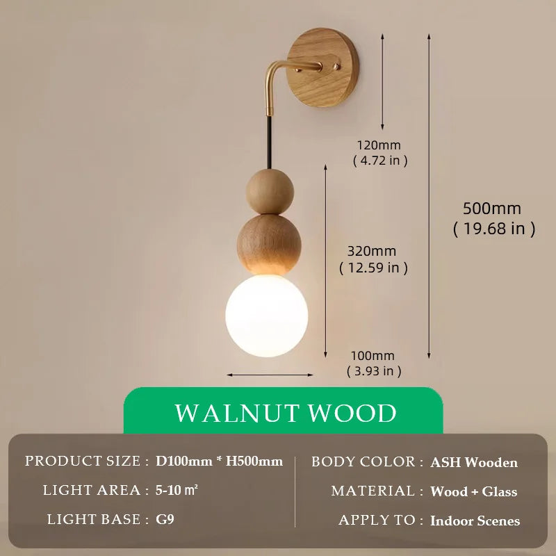 Walnut Wood Brass Gradient Glass Wall Light, Wall Sconce for Bedroom, Bedside, Living, Dining Room, Corridor aisle
