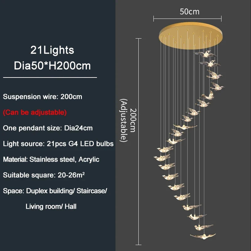 YOULAIKE oiseau design led lustre pour escalier de luxe salon suspendu luminaire couloir longue spirale acrylique lampes