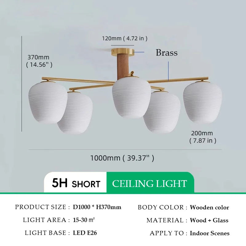 Walnut Wood Brass Fruit Glass, Wabi-sabi Modern Simple style, Chandelier light for Living room, Bedroom, Dining room, Study