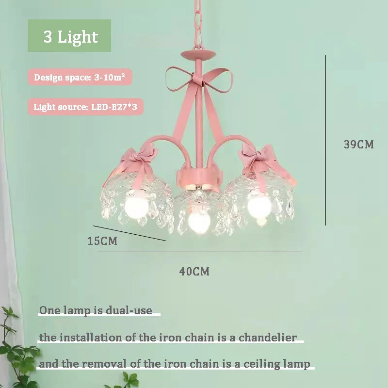lustre mignon pour chambre de petite fille avec nœud rose en cristal