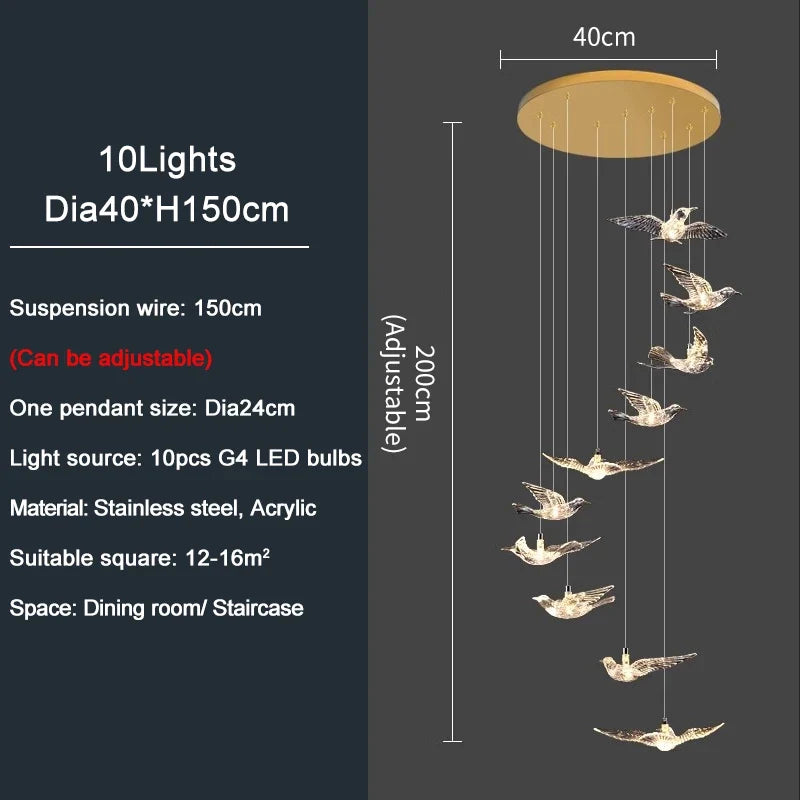 YOULAIKE oiseau design led lustre pour escalier de luxe salon suspendu luminaire couloir longue spirale acrylique lampes