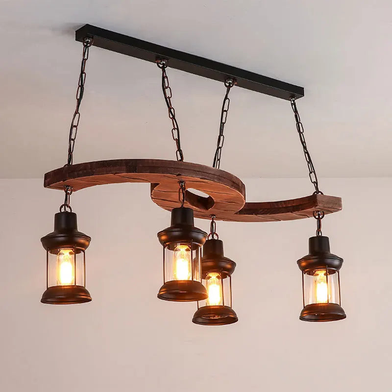 lustre industriel rétro 4 têtes en bois et fer pour café bar loft