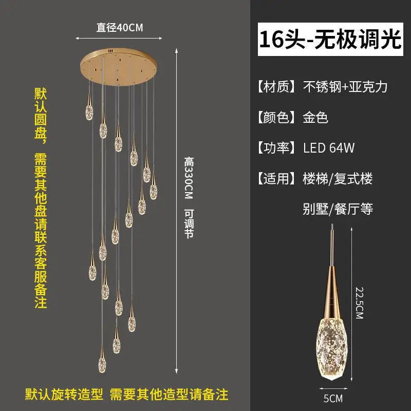 lustre d'escalier duplex lumière moderne de luxe rotatif en cristal