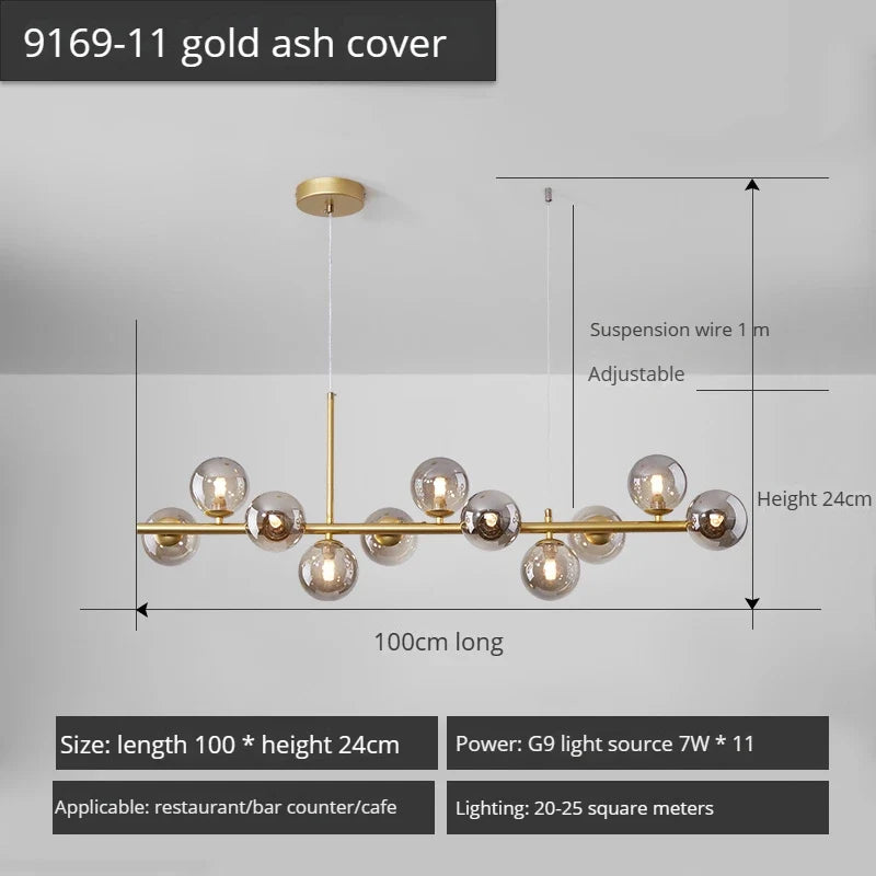 lustre long moderne en boule de verre abat-jour suspendu décoration led