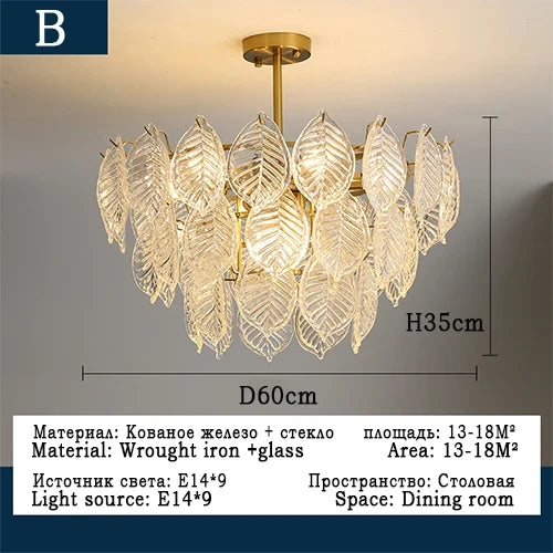lustre moderne en verre suspendu avec décoration de feuilles