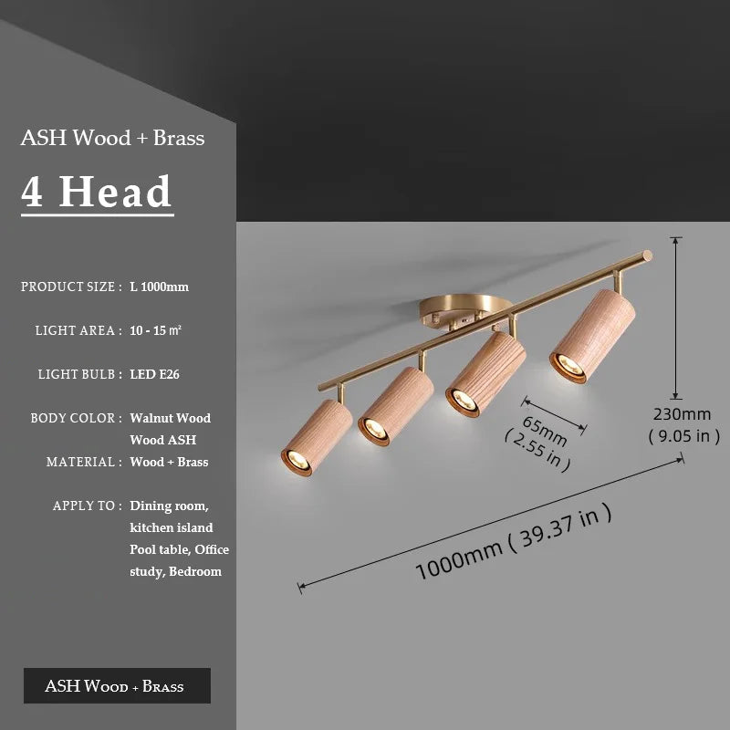 Walnut Wood Brass Spotlight Ceiling Light Fixture, Living Room Light for Dining Room, Kitchen Island, Corridor aisle, bedroom