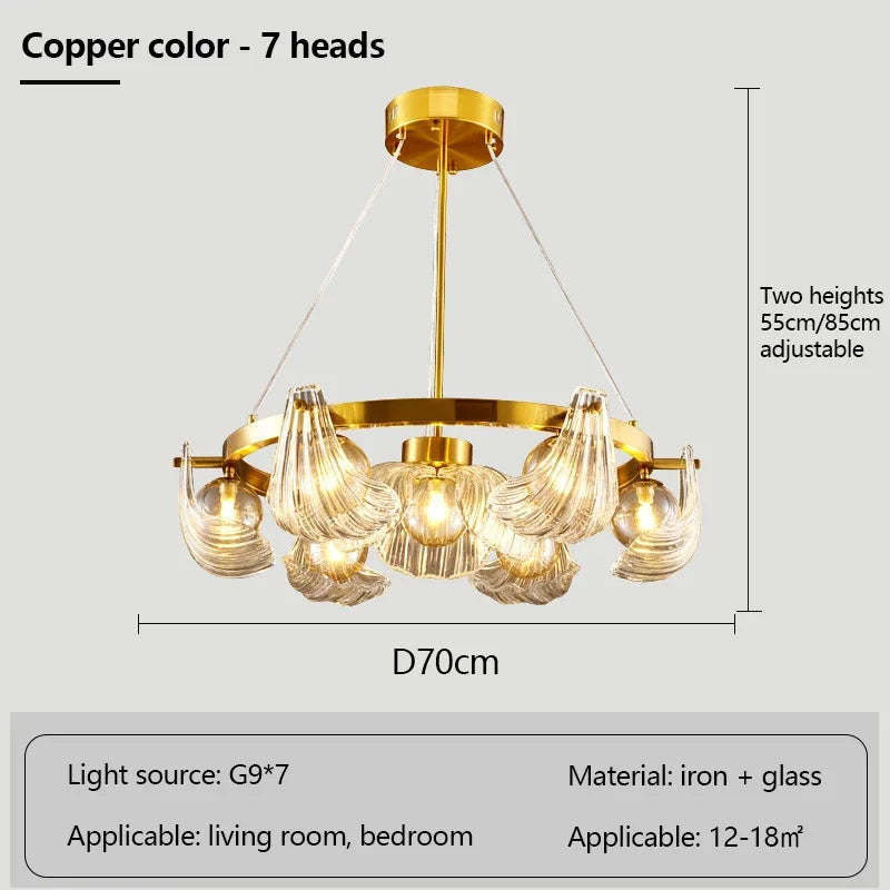 lustre de luxe en verre de coquille avec lampes led créatives