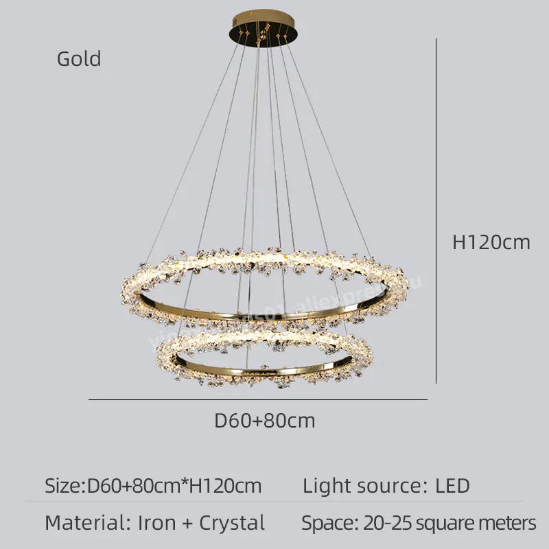 lustre en cristal de luxe avec anneau doré lumineux et élégant