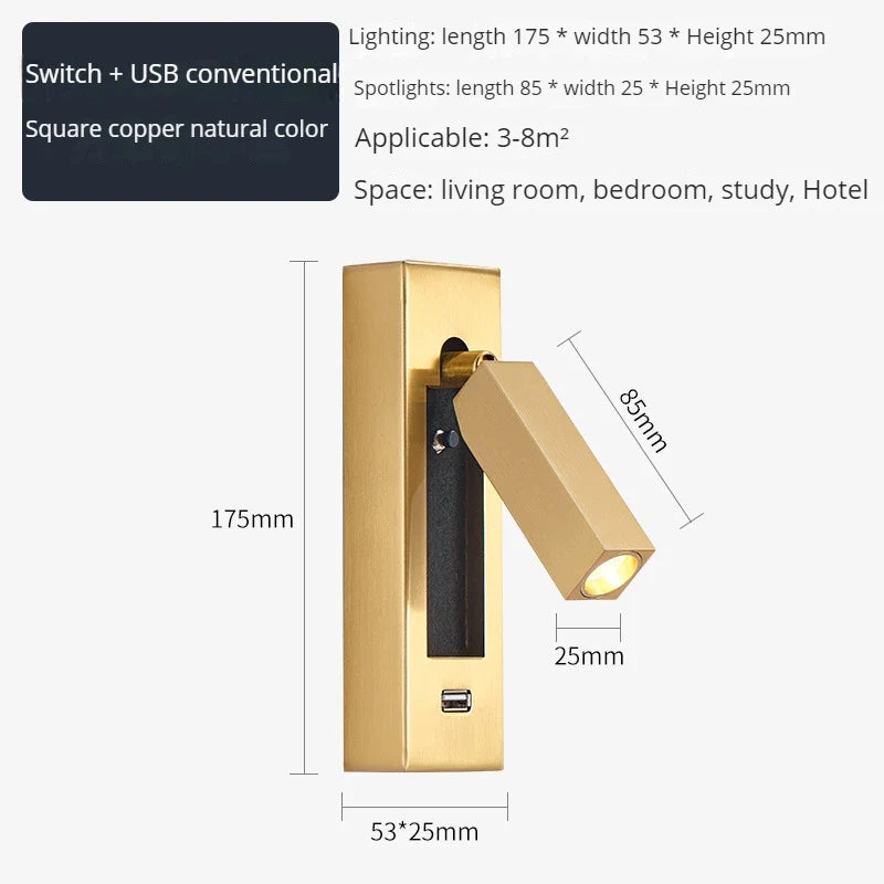 applique murale moderne avec chargeur usb et projecteur rotatif led