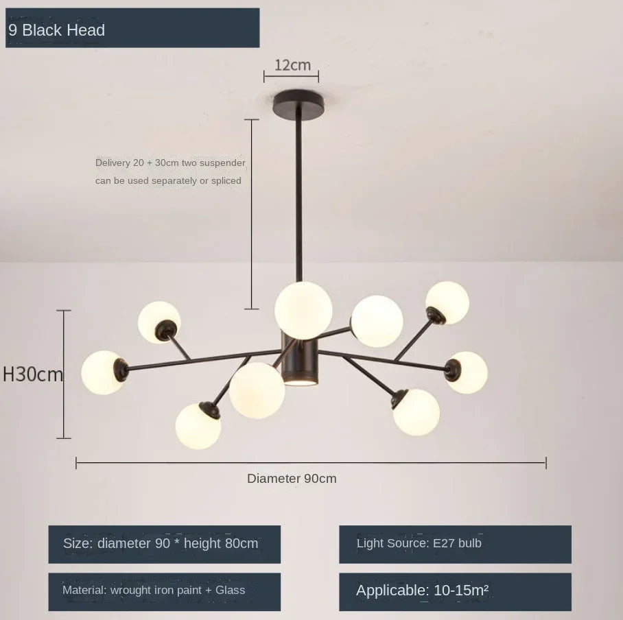 lustre nordique à led avec boule de verre pour luminaires suspendus
