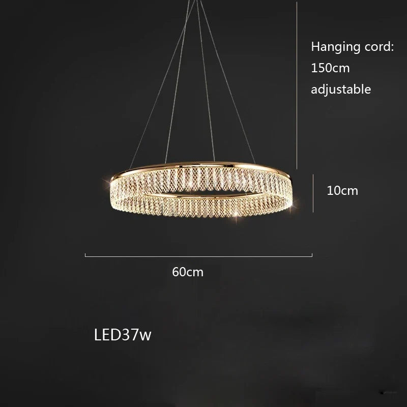 lustre led en cristal losange rond à plusieurs anneaux luxueux