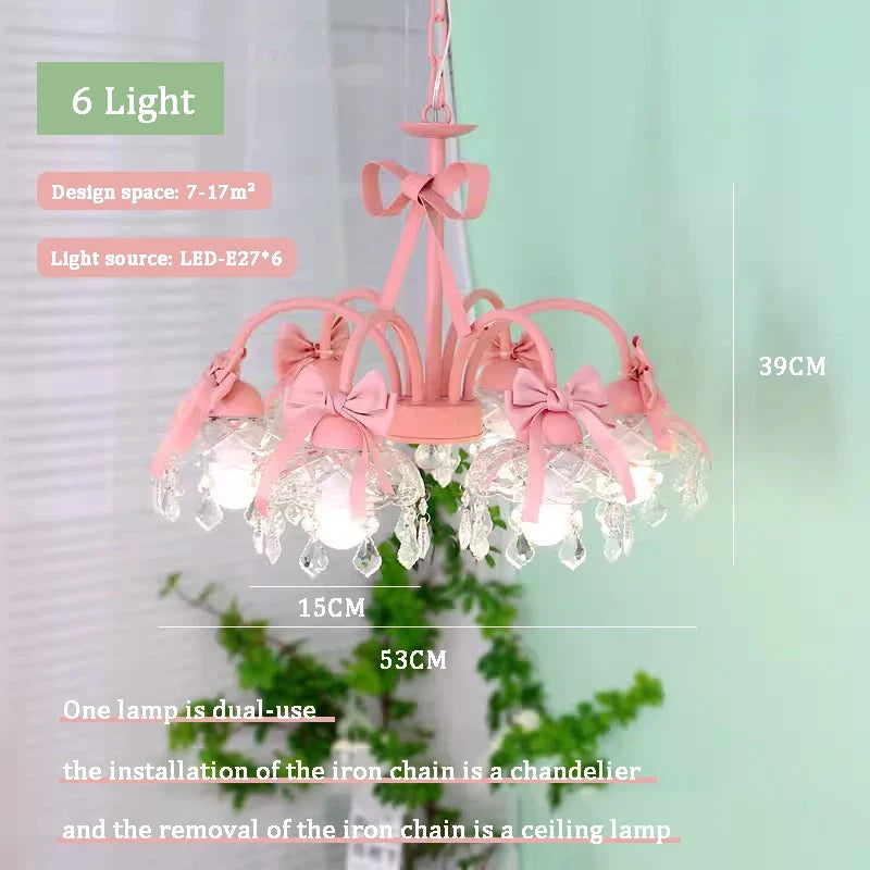 lustre mignon pour chambre de petite fille avec nœud rose en cristal