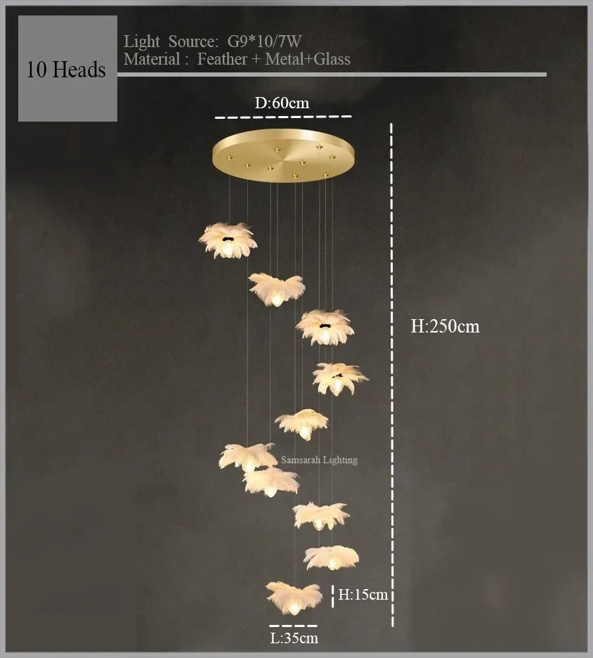 2024Staircase Feather Chandelier Ostrich Glass Design Pendant Chandelier Lighting Home Decor Suspend Lustre Fixtures