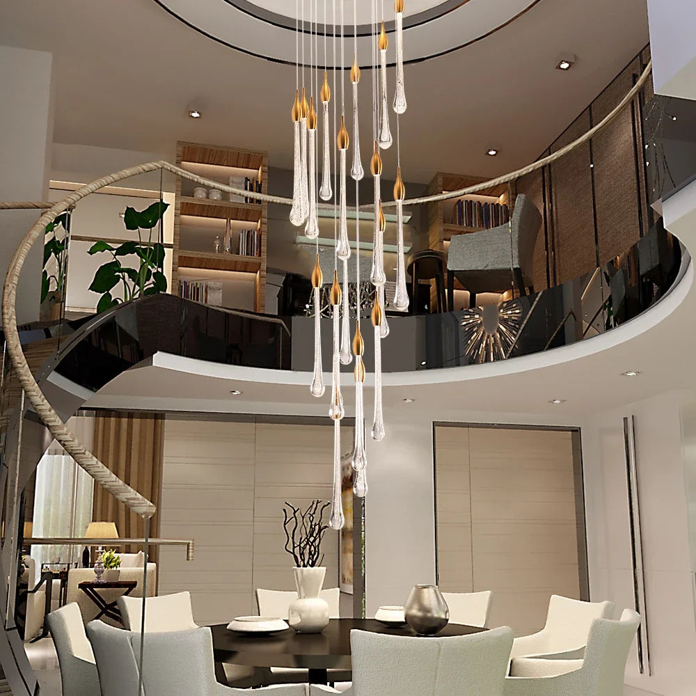 lustre led moderne en cristal pour grand escalier