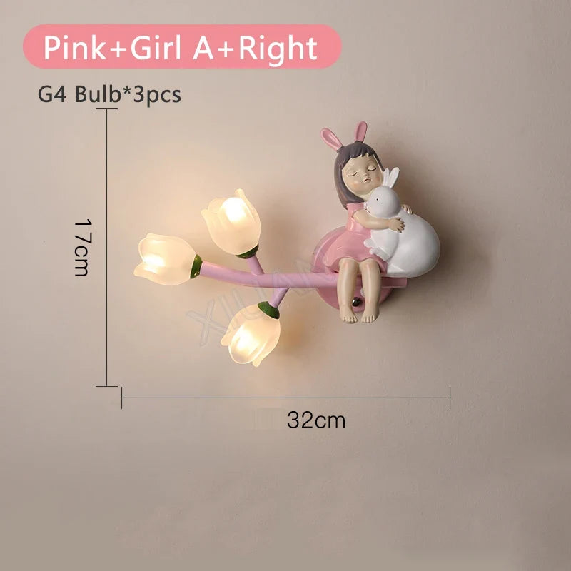 applique murale fille lapin g4 led fleur
