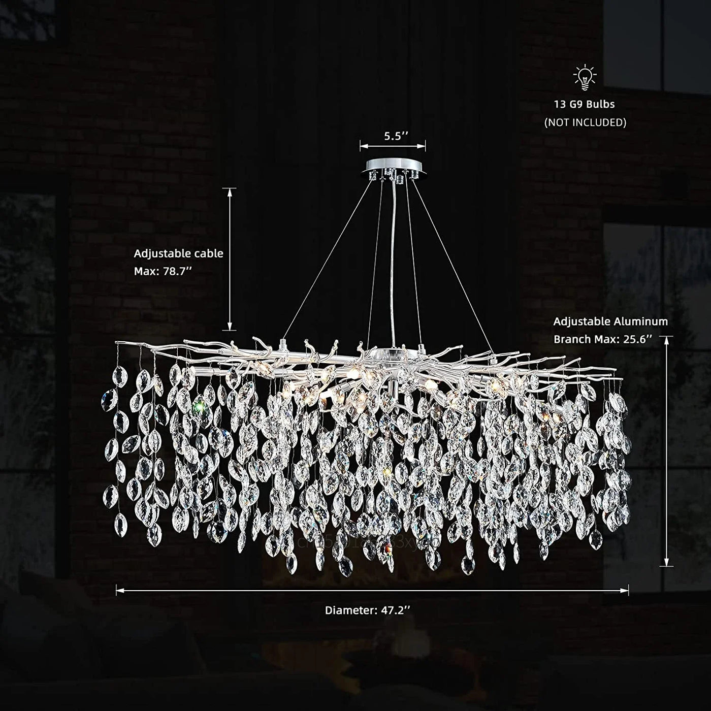 lustre en cristal de luxe avec branches led pour intérieur moderne