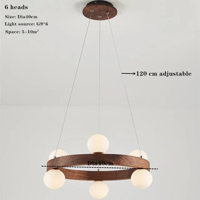 lustre rond en noyer avec ampoules en verre led moderne
