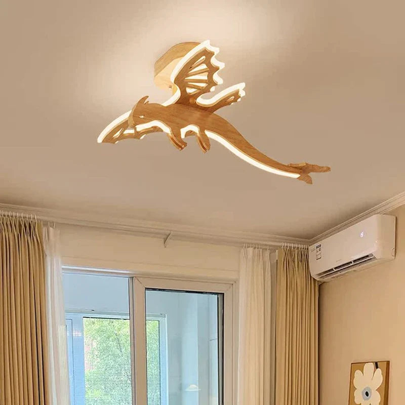 plafonnier led dragon en bois nature nordique pour enfants