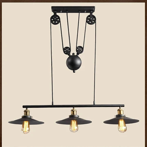 suspension industrielle vintage à 3 têtes avec poulie en fer
